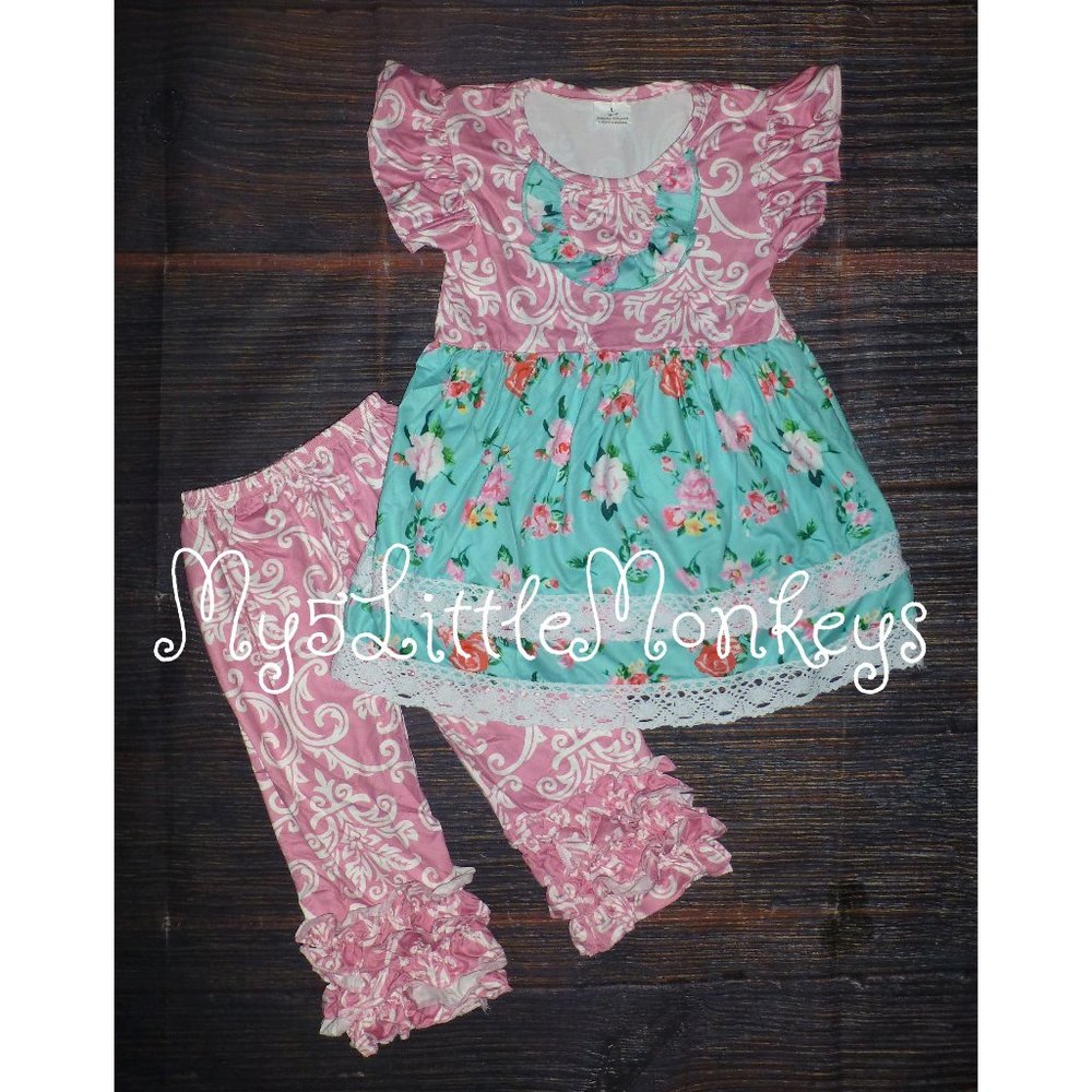 Boutique Floral Ruffle Tunic Dress & Ruffle Leggings Girls Outfit Set